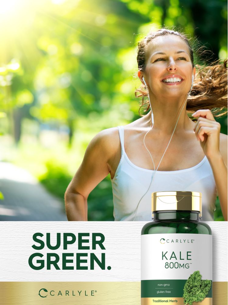 A jar of kale 800 mg capsules is placed on a digital hand scale, displaying its weight in grams.