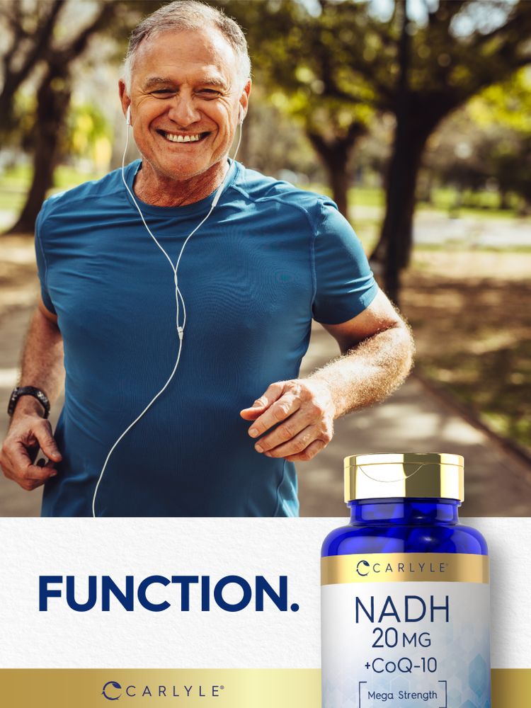 An older man jogging and smiling while holding a bottle of NADH 20 MG with the text 'FUNCTION' visible.