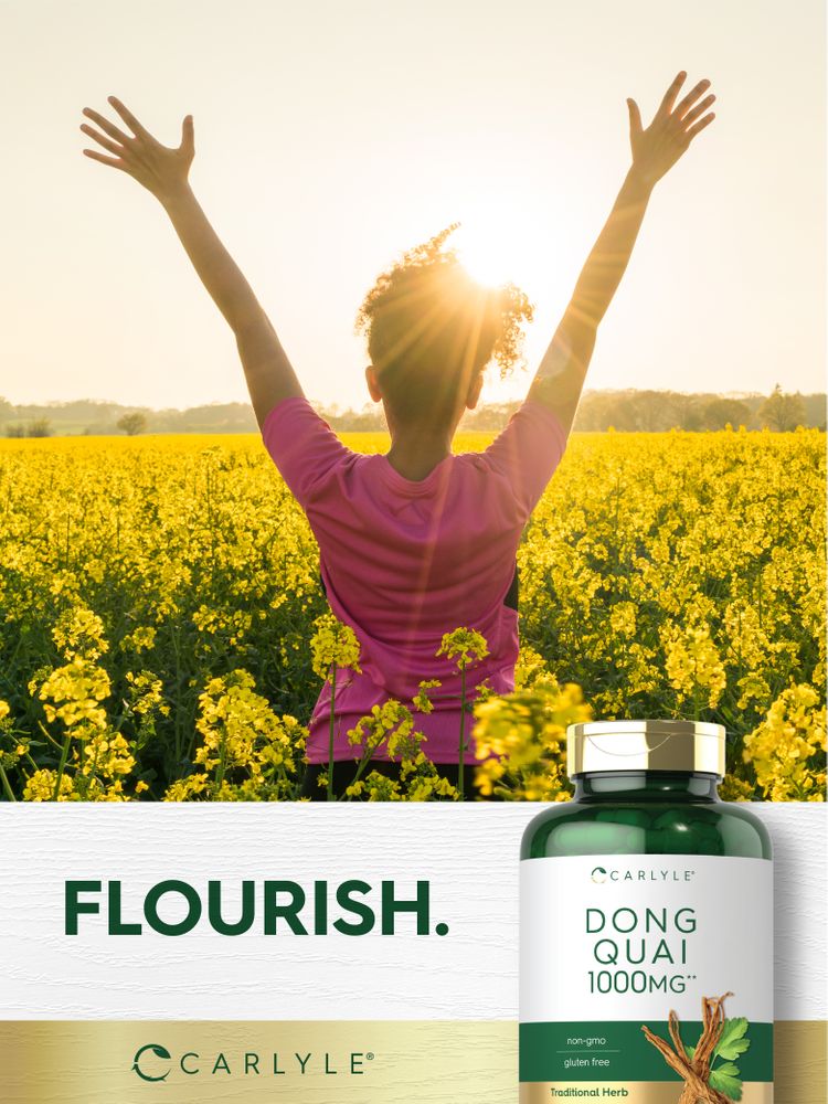 Young woman with arms raised in a field of yellow flowers, the word 'FLOURISH.', and Carlyle Dong Quai bottle.