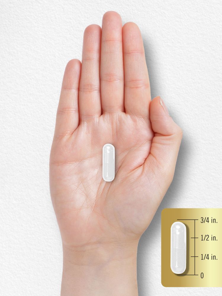 A clear 3/4 inch capsule on a hand, shown with an inset measurement scale for size reference.