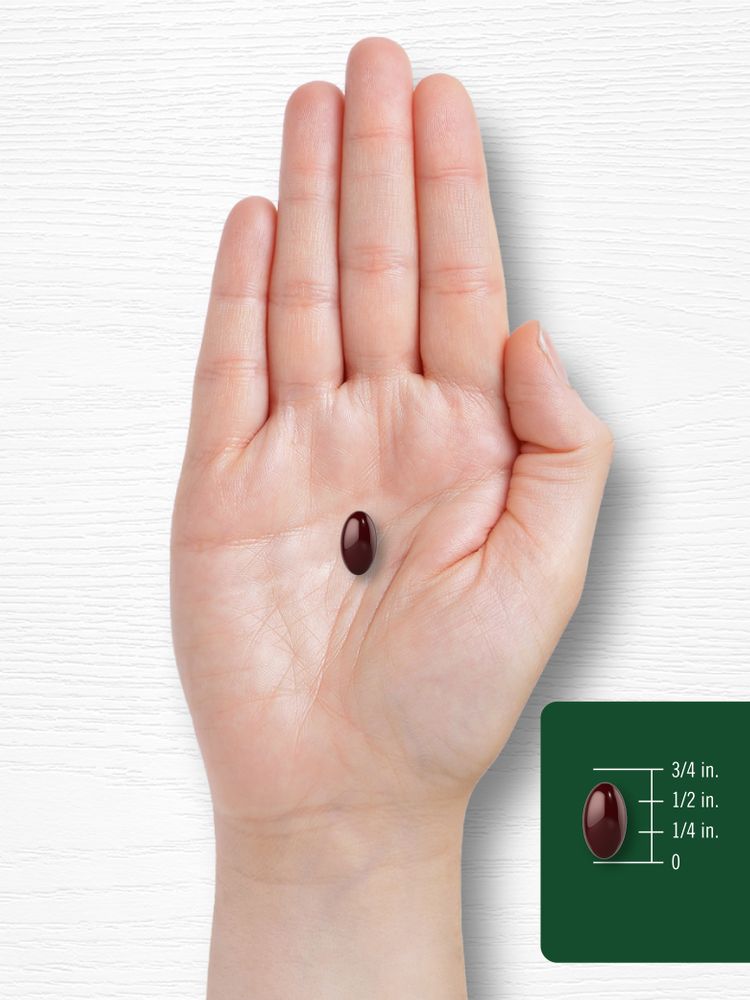 A dark red oval softgel is shown measuring three-quarters of an inch.