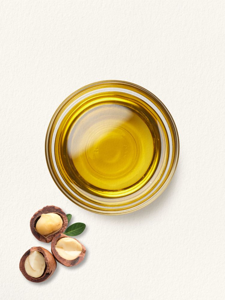 Glass bowl of macadamia nut oil with cracked nuts and green leaves beside it.