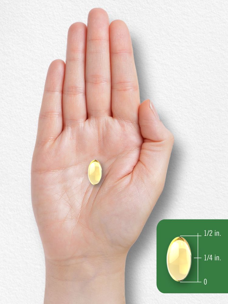 A yellow oval softgel measuring half an inch long and a quarter inch wide.