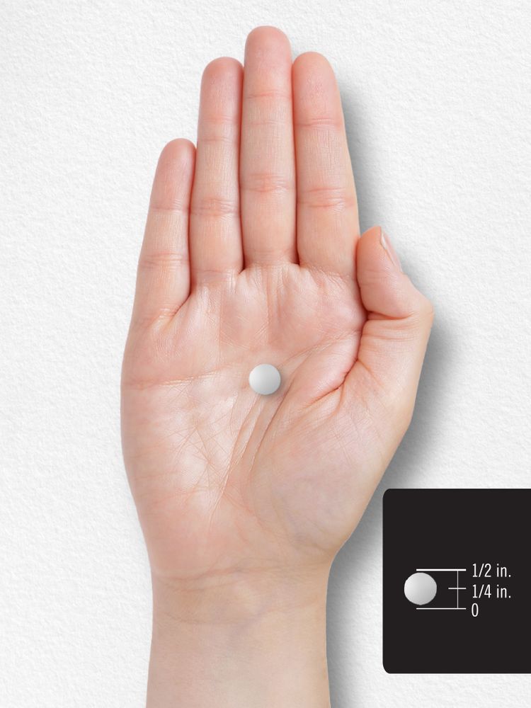 A single white round tablet, approximately half an inch in diameter, is displayed.
