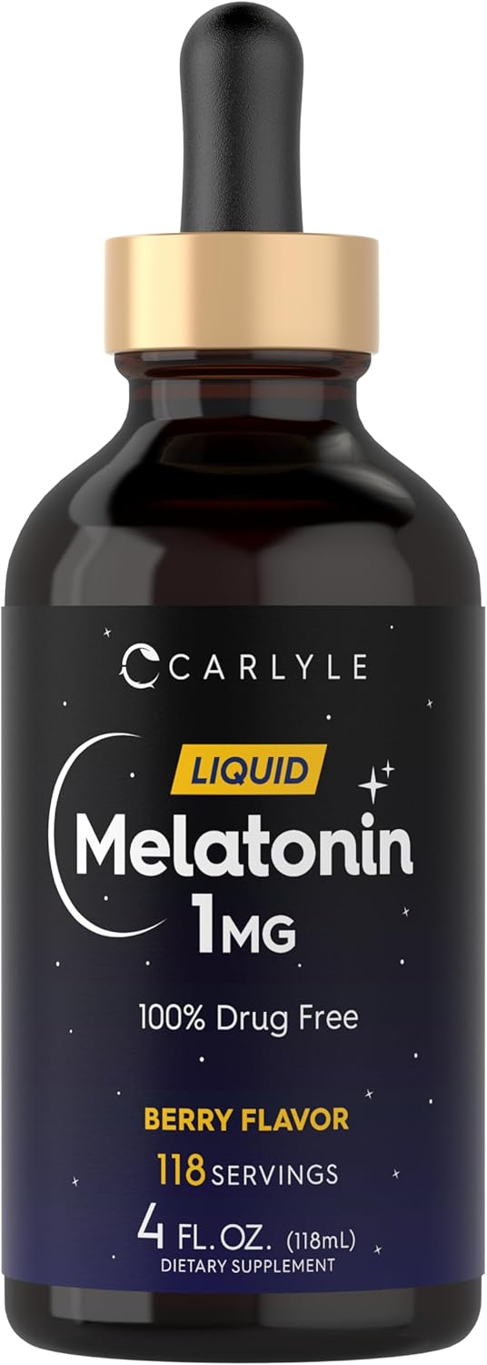 Bottle of Carlyle Liquid Melatonin 1MG, Berry Flavor, 4 FL. OZ. (118mL) with 118 servings.
