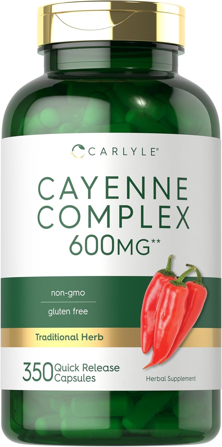 Carlyle Cayenne Complex 600mg, 350 Quick Release Capsules. Non-GMO and gluten-free.