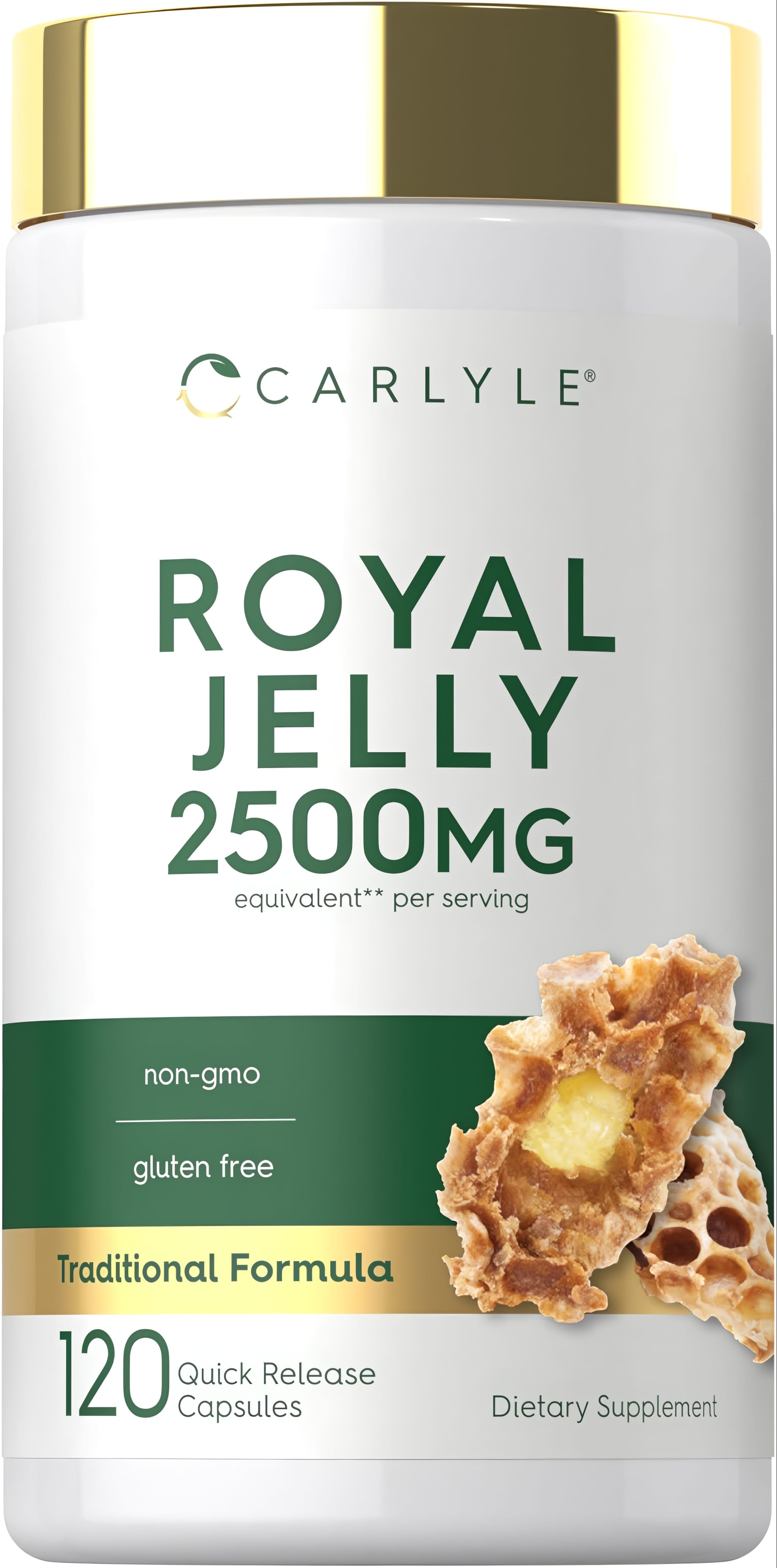 Carlyle Royal Jelly 2500MG per serving, 120 Quick Release Capsules, non-GMO, gluten-free, Traditional Formula.