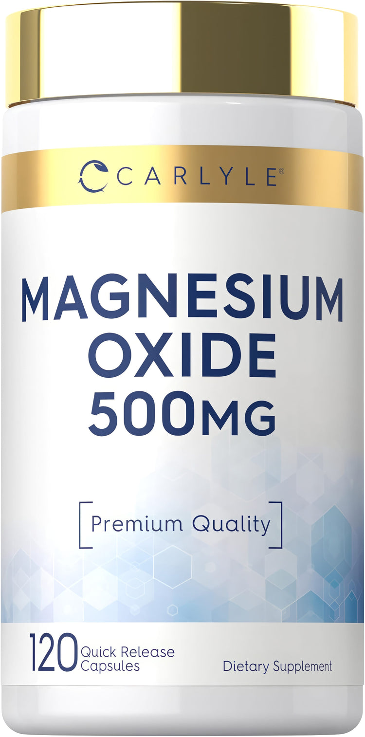 Magnesium Oxide 500mg supplement with 120 quick release capsules for health support in a product packaging.
