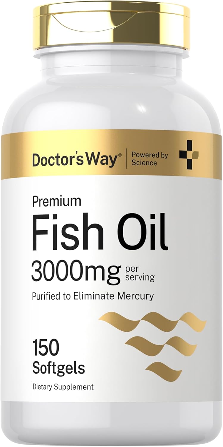 Doctor's Way Premium Fish Oil, 3000mg per serving, purified to eliminate mercury, 150 softgels.