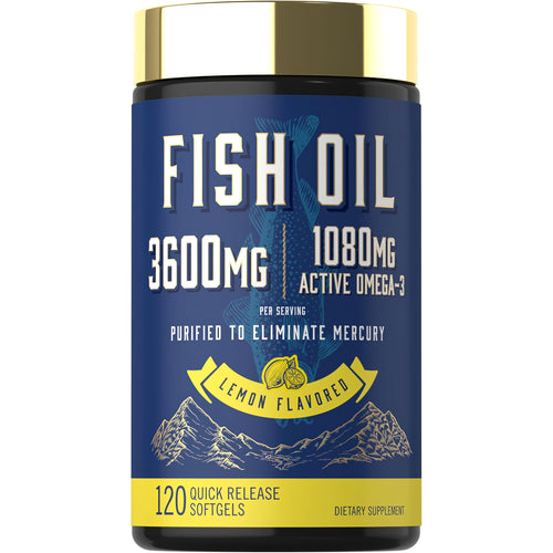 View 1 Fish Oil 3600mg with 1080mg Omega-3, lemon flavor, purified to remove mercury, 120 quick release softgels.