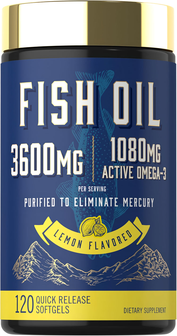 Fish Oil 3600mg with 1080mg Omega-3, lemon flavor, purified to remove mercury, 120 quick release softgels.