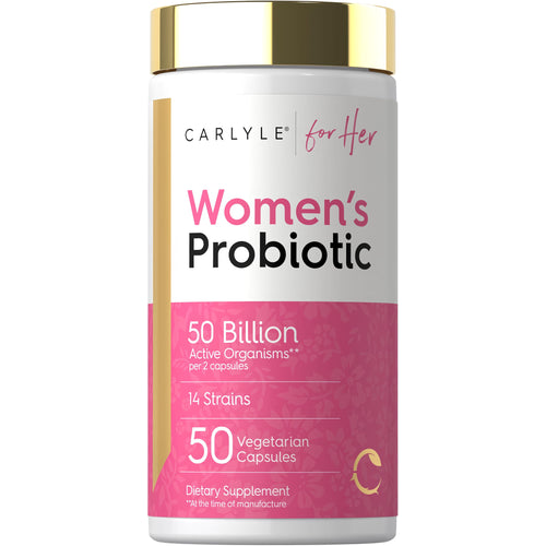 View 1 Carlyle for Her Women's Probiotic with 50 billion active organisms per 2 capsules, 14 strains, 50 vegetarian capsules.