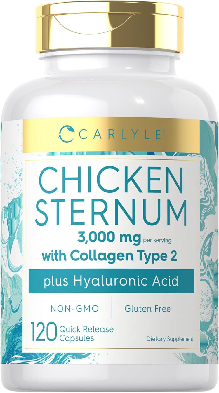 Carlyle Chicken Sternum capsules, 3000 mg, with Collagen Type 2 and Hyaluronic Acid, 120 quick-release capsules.