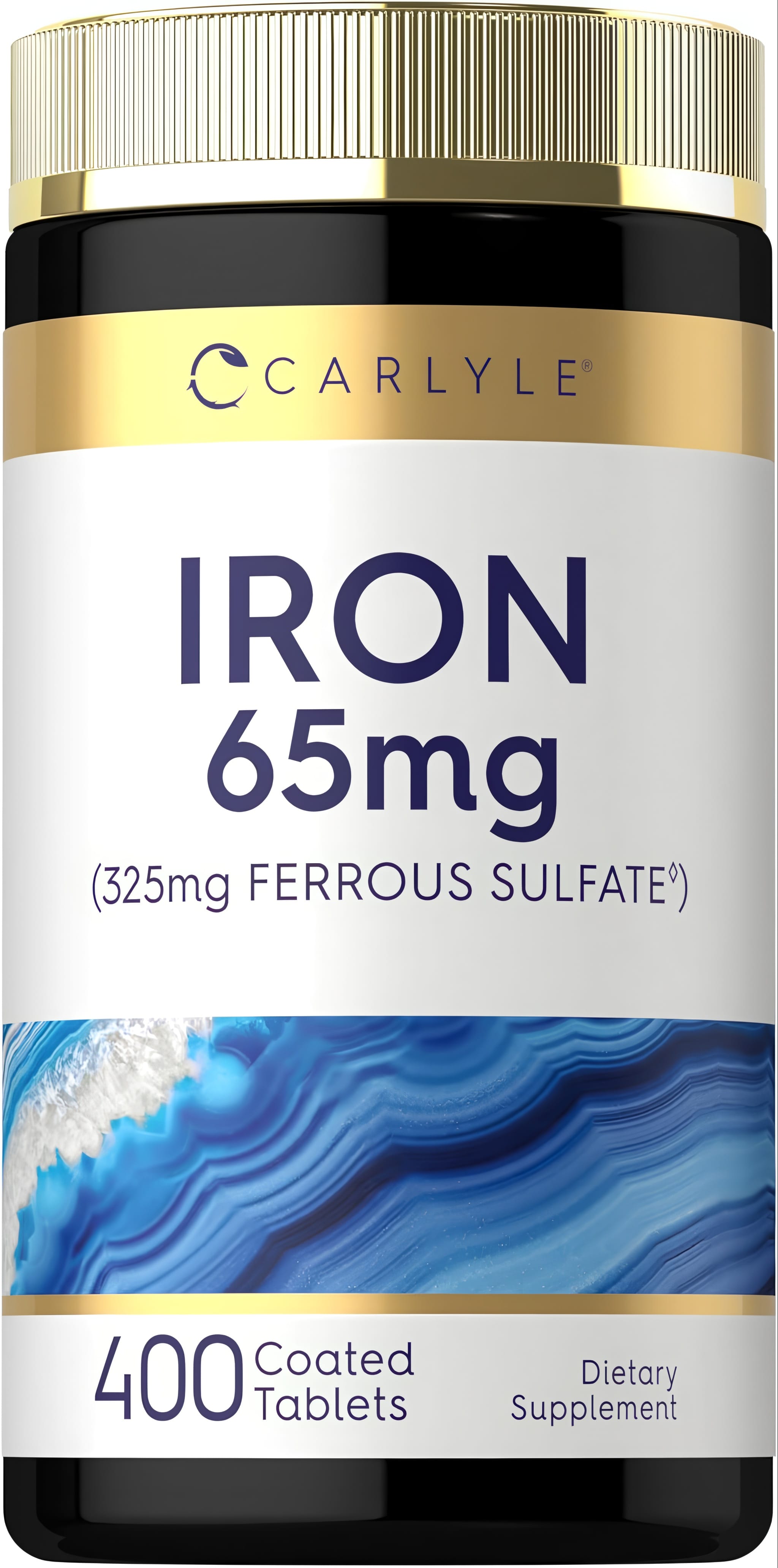 Carlyle Iron (Ferrous Sulfate) 65 mg, 400 coated tablets, dietary supplement.