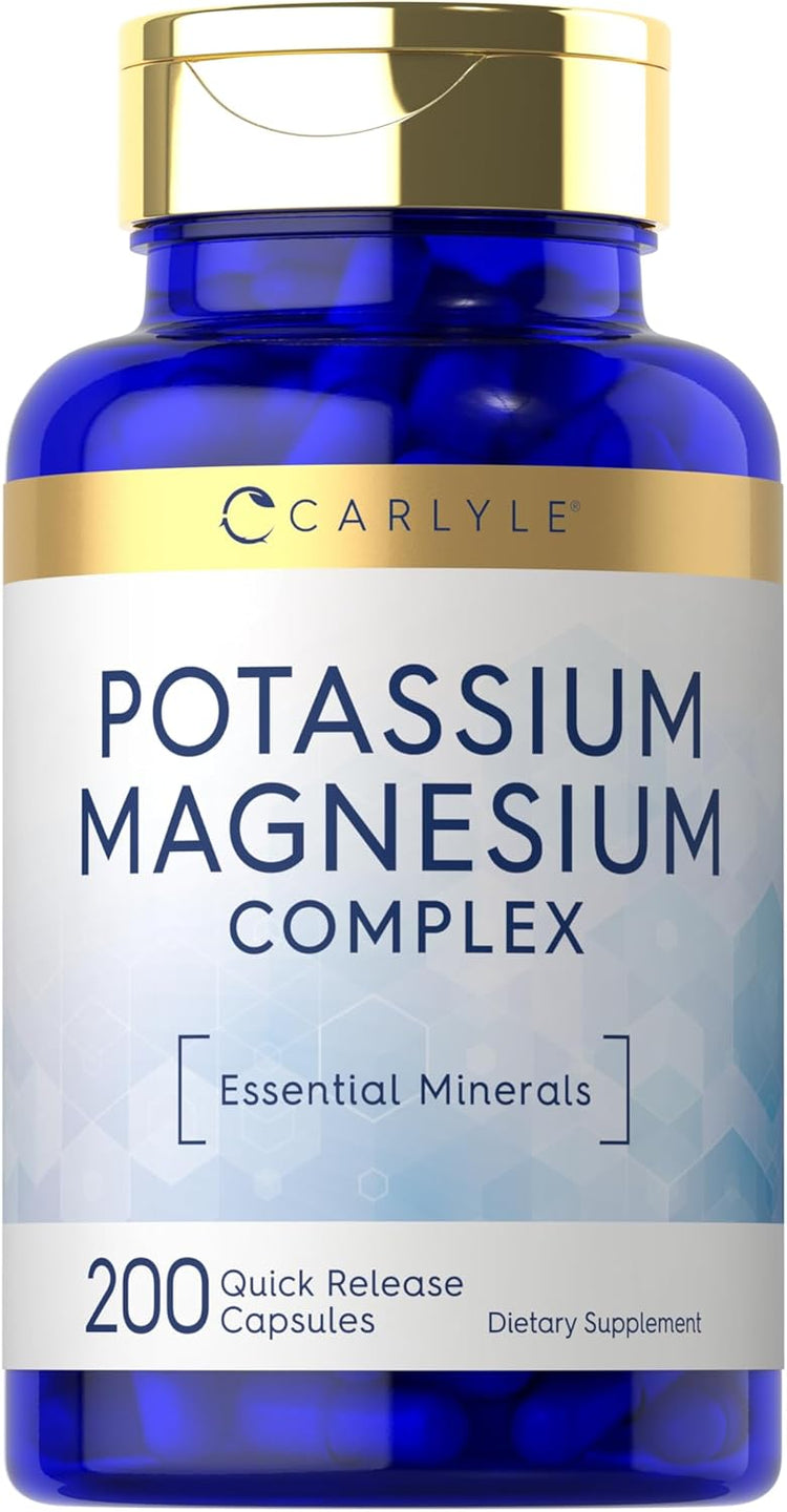Carlyle Potassium Magnesium Complex: essential minerals in 200 quick release capsules. Dietary supplement.