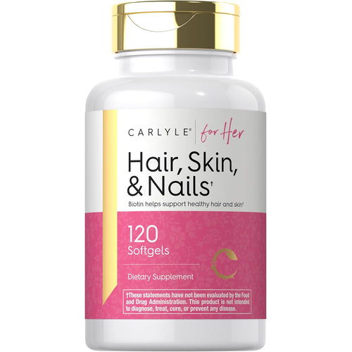View 1 Carlyle for Her Hair, Skin, & Nails 120 Softgels dietary supplement. Biotin helps support healthy hair and skin.