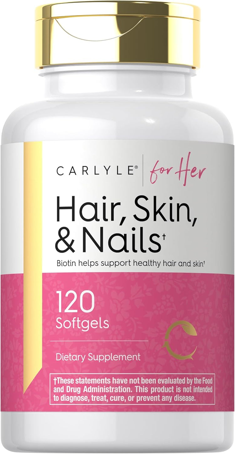 Carlyle for Her Hair, Skin, & Nails 120 Softgels dietary supplement. Biotin helps support healthy hair and skin.