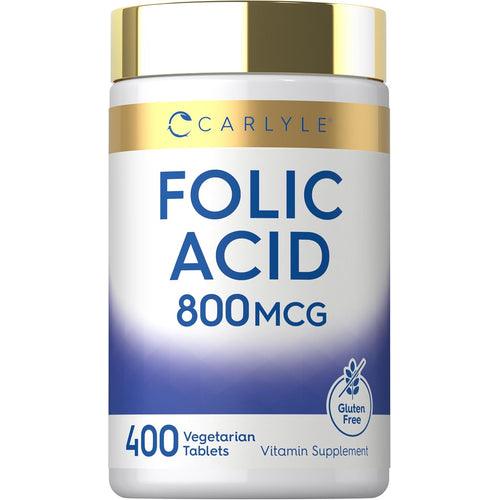 View 1 Carlyle Folic Acid 800 MCG, 400 vegetarian tablets, gluten-free bottle.