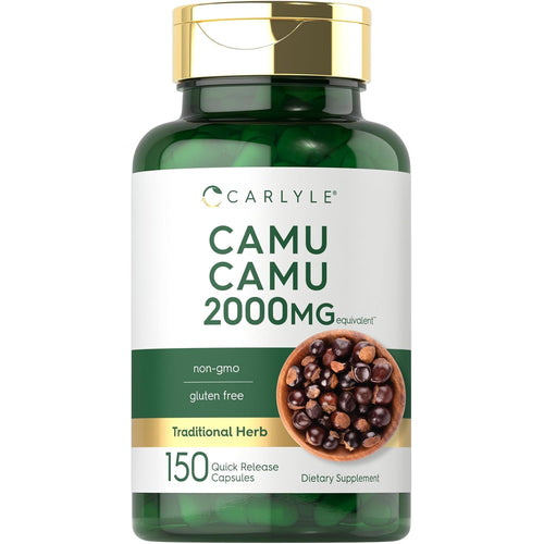 View 1 Camu Camu 2000mg equivalent in 150 quick-release capsules in a bottle.