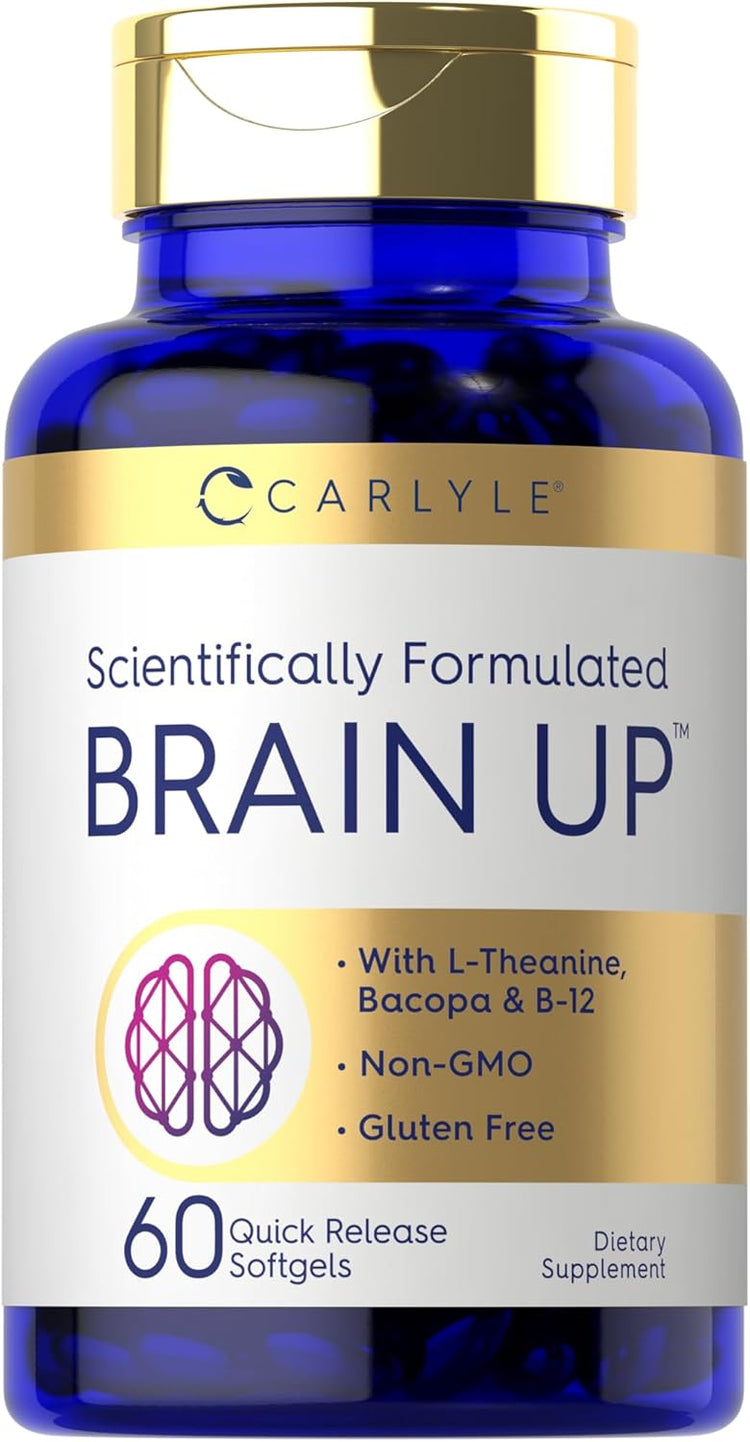Carlyle Brain Up 60 Quick Release Softgels, dietary supplement for cognitive support, in a clear bottle with blue label.