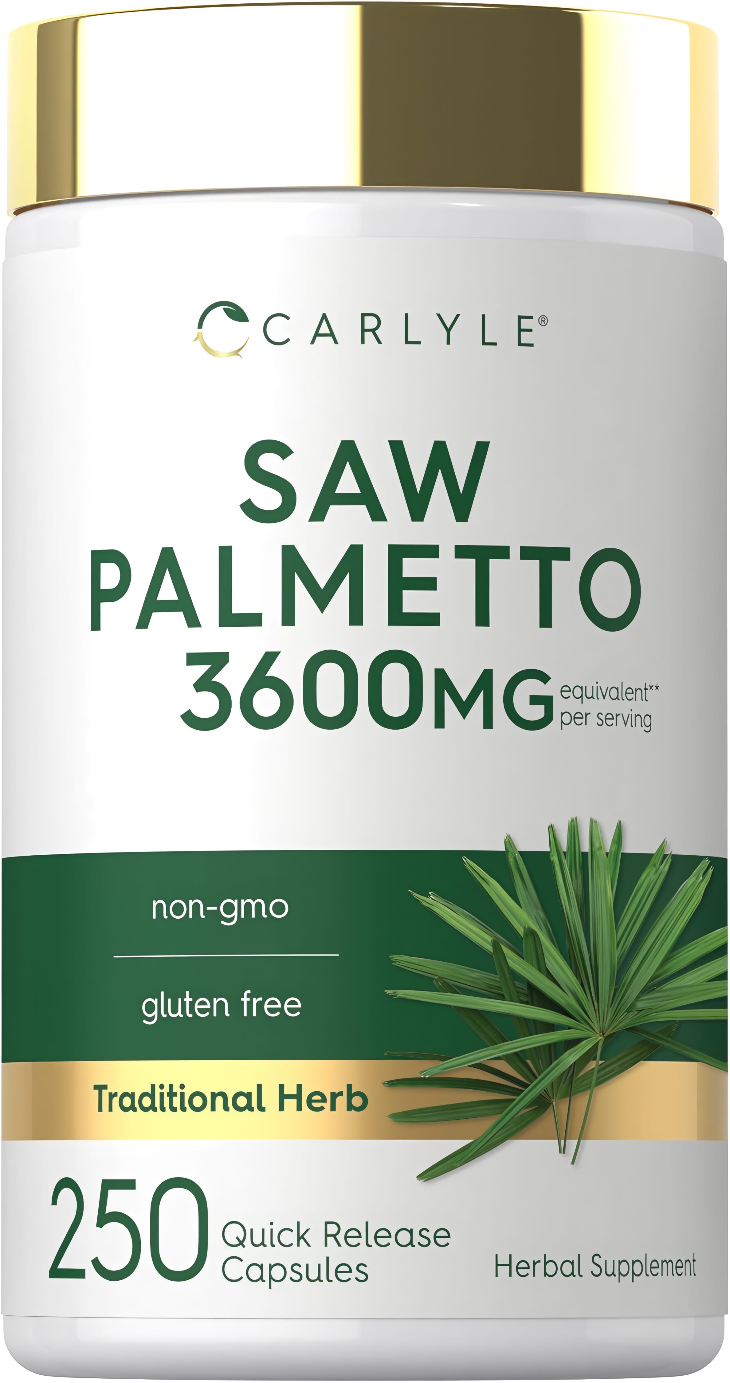 Carlyle Saw Palmetto 3600 MG, 250 Quick Release Capsules. Non-GMO, Gluten Free Herbal Supplement.