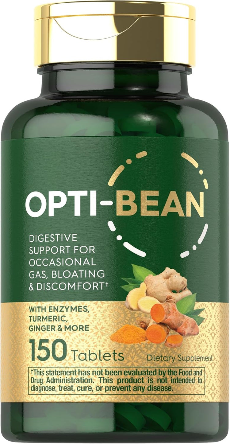 Opti-Bean 150 Tablets: Digestive support for gas, bloating, and discomfort. Features enzymes, turmeric, and ginger.