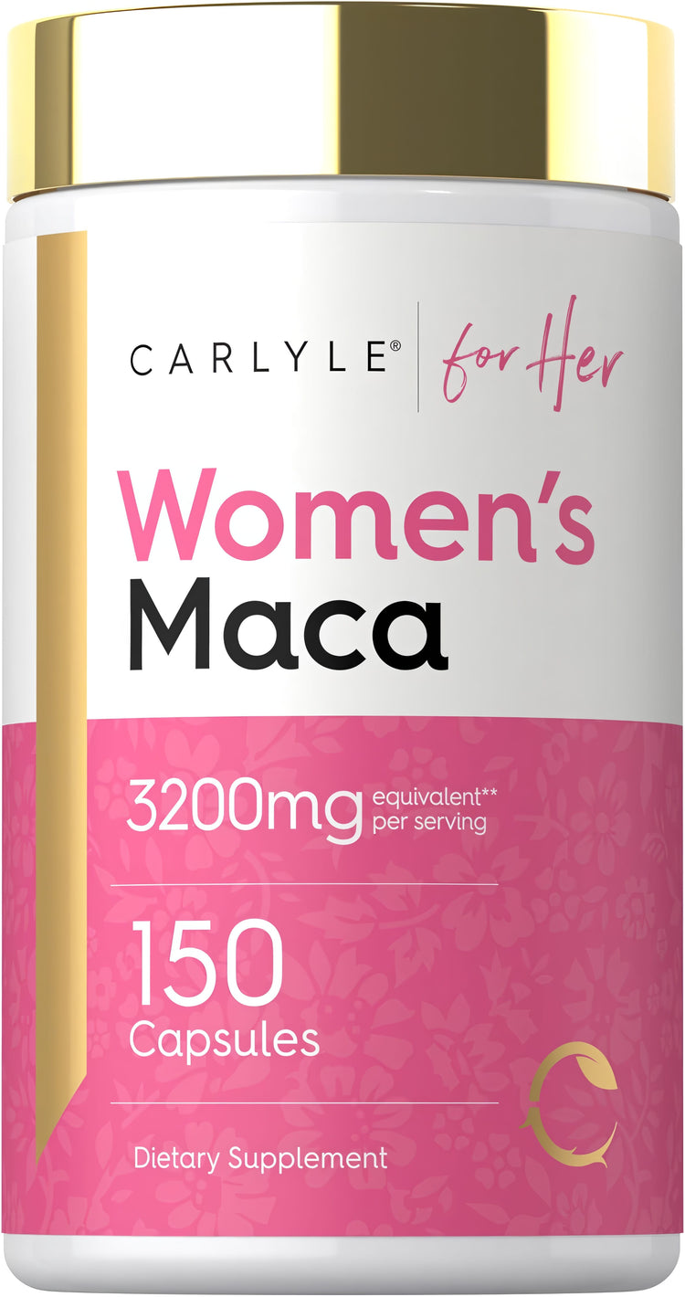 Carlyle Women's Maca 3200mg equivalent per serving, 150 Capsules, dietary supplement bottle.