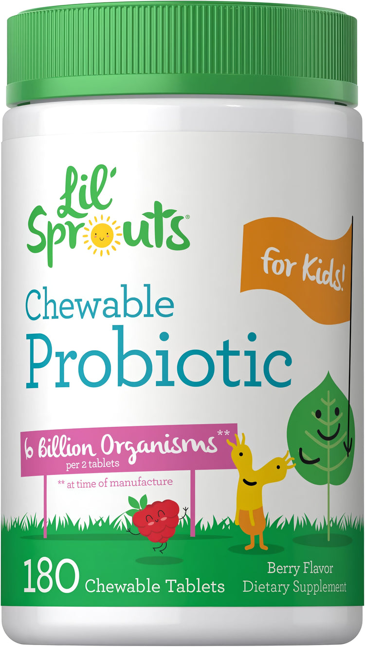Lil' Sprouts Chewable Probiotic for Kids, Berry Flavor, contains 6 billion organisms per 2 tablets, with 180 tablets total.