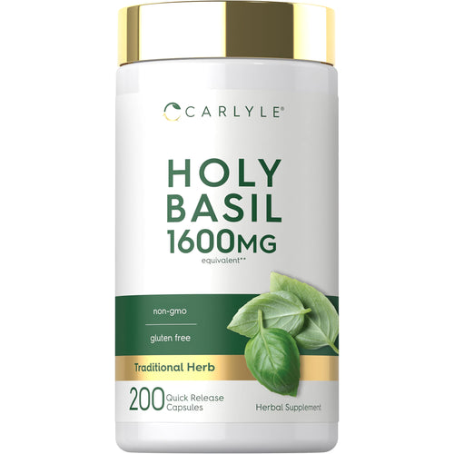 View 1 Carlyle Holy Basil capsules, 1600 mg, 200 count, non-GMO and gluten-free. Quick release formula.