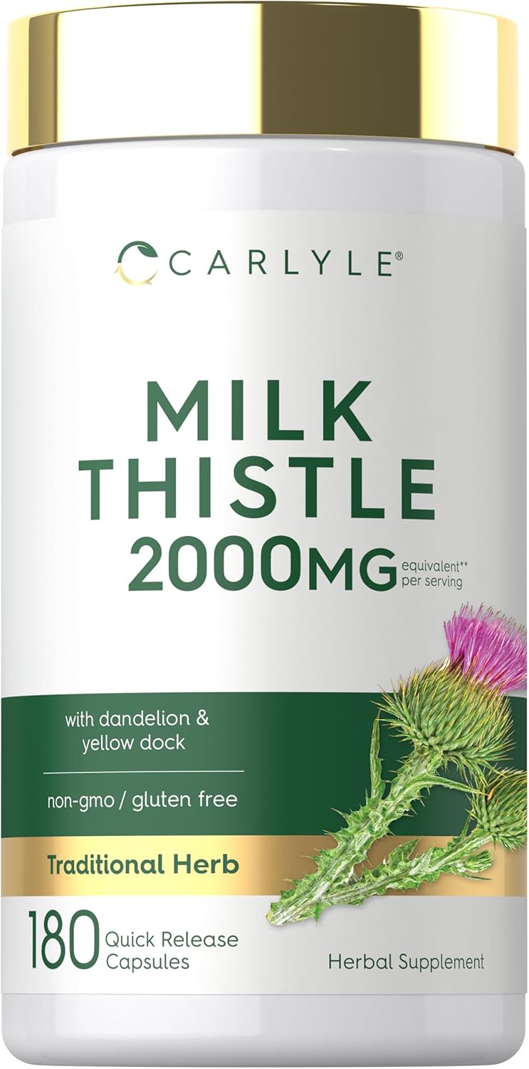 Carlyle Milk Thistle 2000MG with Dandelion and Yellow Dock, 180 quick-release capsules.