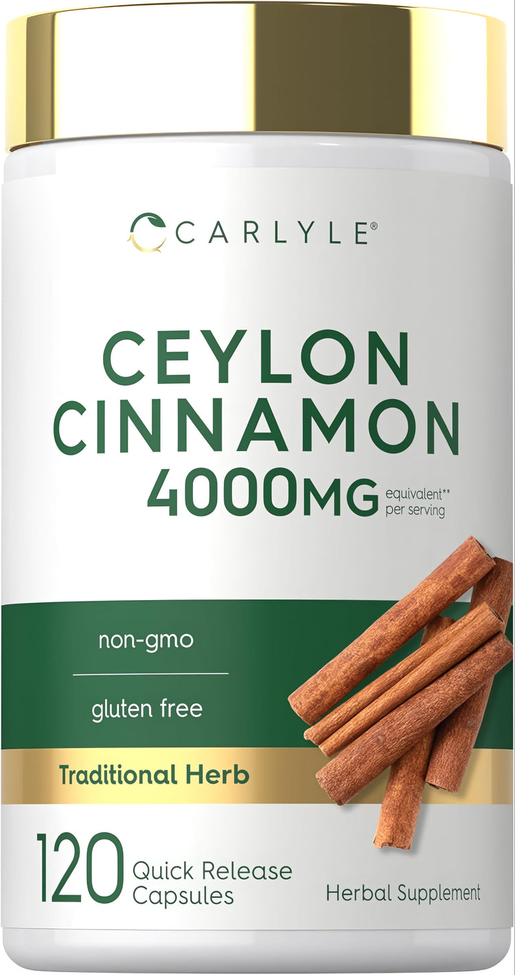 Carlyle Ceylon Cinnamon 4000 MG per serving, 120 Quick Release Capsules, non-GMO, gluten-free supplement.