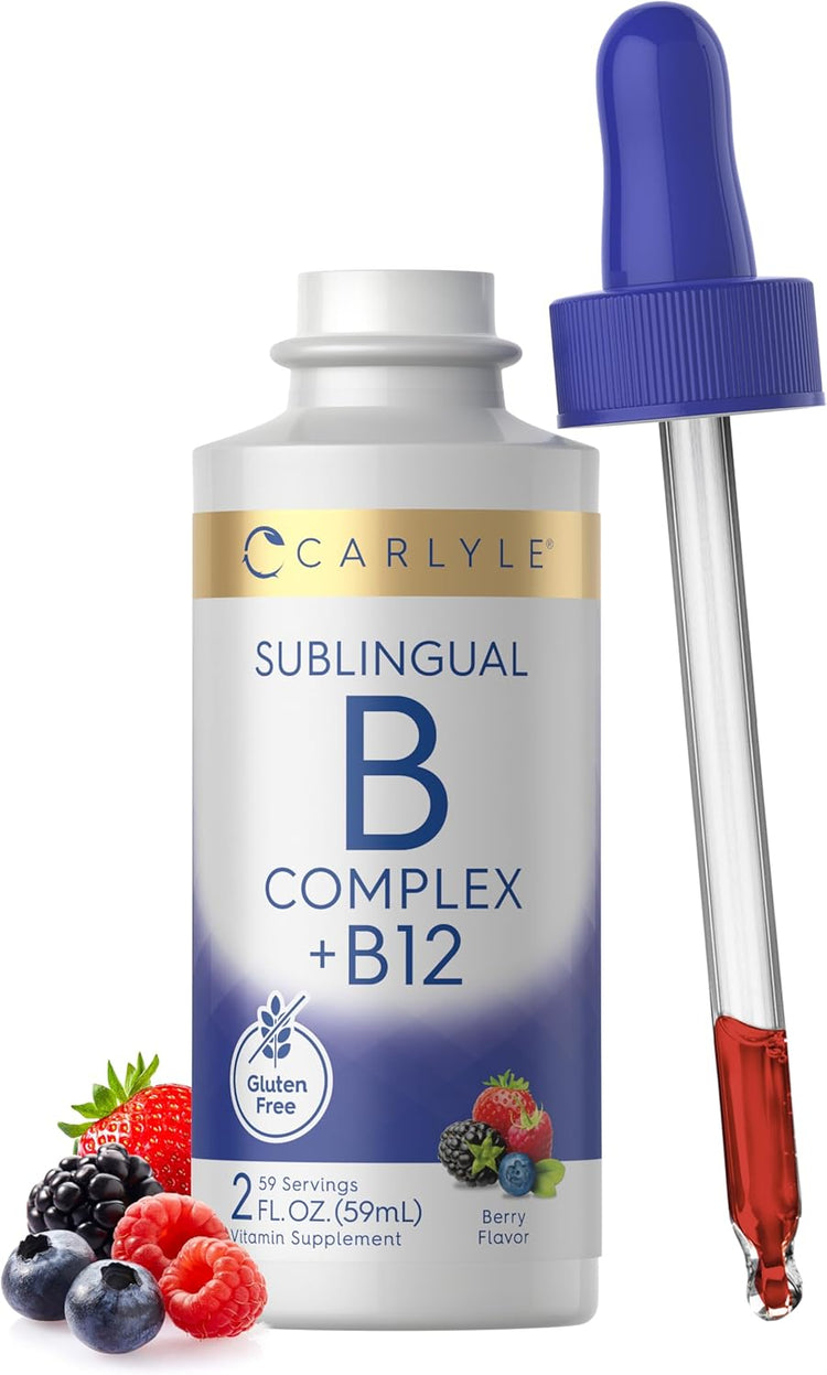 Carlyle Sublingual B Complex + B12 Liquid, Berry Flavor, 2 fl. oz. (59mL), 59 Servings, Gluten-Free Vitamin Supplement.