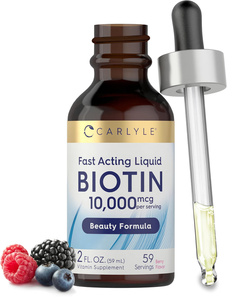 Biotin 10,000 mcg per serving, fast-acting liquid vitamin supplement, 2 fl oz (59 mL) with 59 berry-flavored servings.