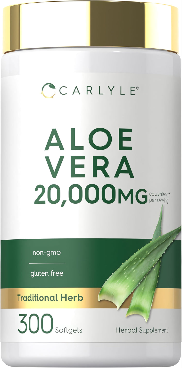 Carlyle Aloe Vera 20,000MG per serving, 300 softgels. Non-GMO and gluten-free herbal supplement.