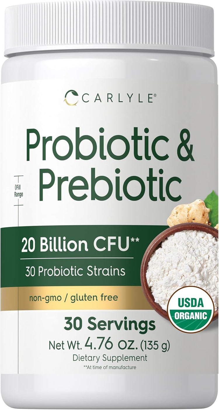 Carlyle Probiotic & Prebiotic powder, 20 Billion CFU, 30 Probiotic Strains, 30 Servings, 4.76 oz, non-gmo/gluten free, USDA Organic.