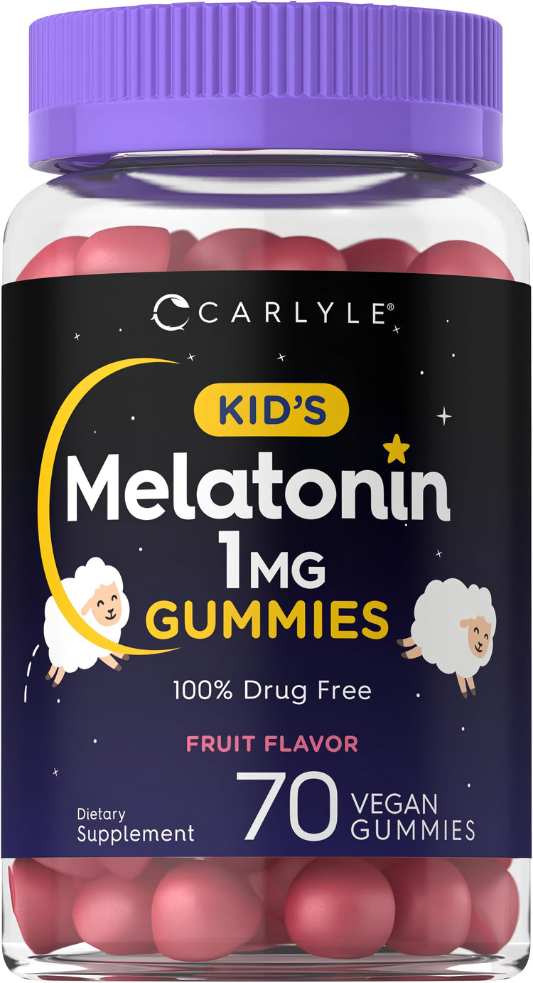 Carlyle Kid's Melatonin 1MG Fruit Flavor Gummies, 100% drug free, with 70 vegan dietary supplement gummies.