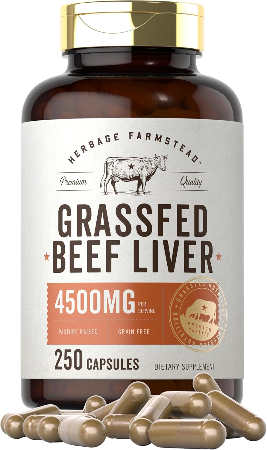 Grassfed Beef Liver supplement with 4500mg per serving, 250 capsules, dietary support.