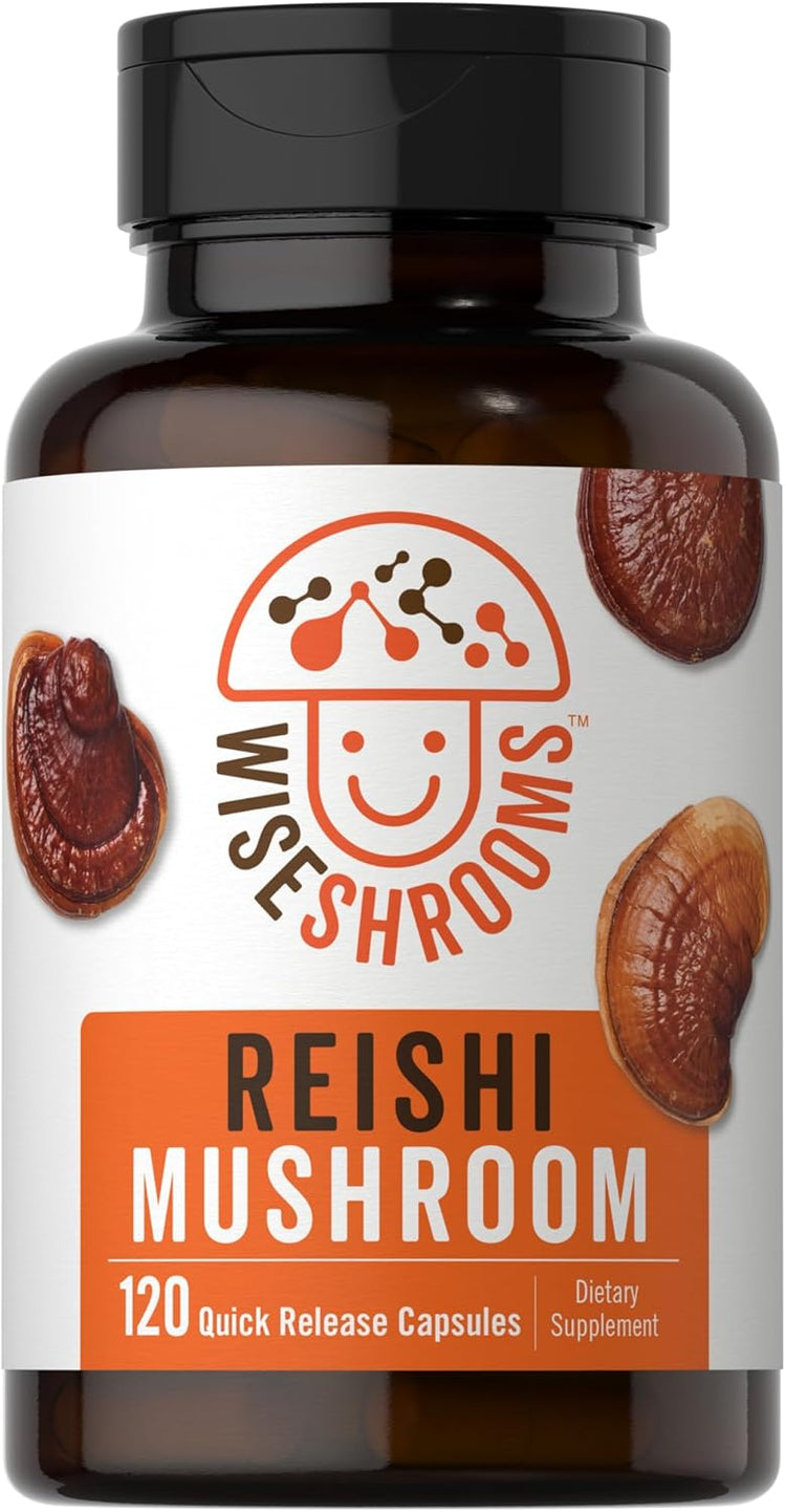 Wise Mushrooms Reishi Mushroom capsules, a dietary supplement with 120 quick-release capsules.