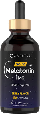 Liquid Melatonin 1MG, Berry Flavor, 118 Servings, 4 fl. oz. (118mL) in a dropper bottle.