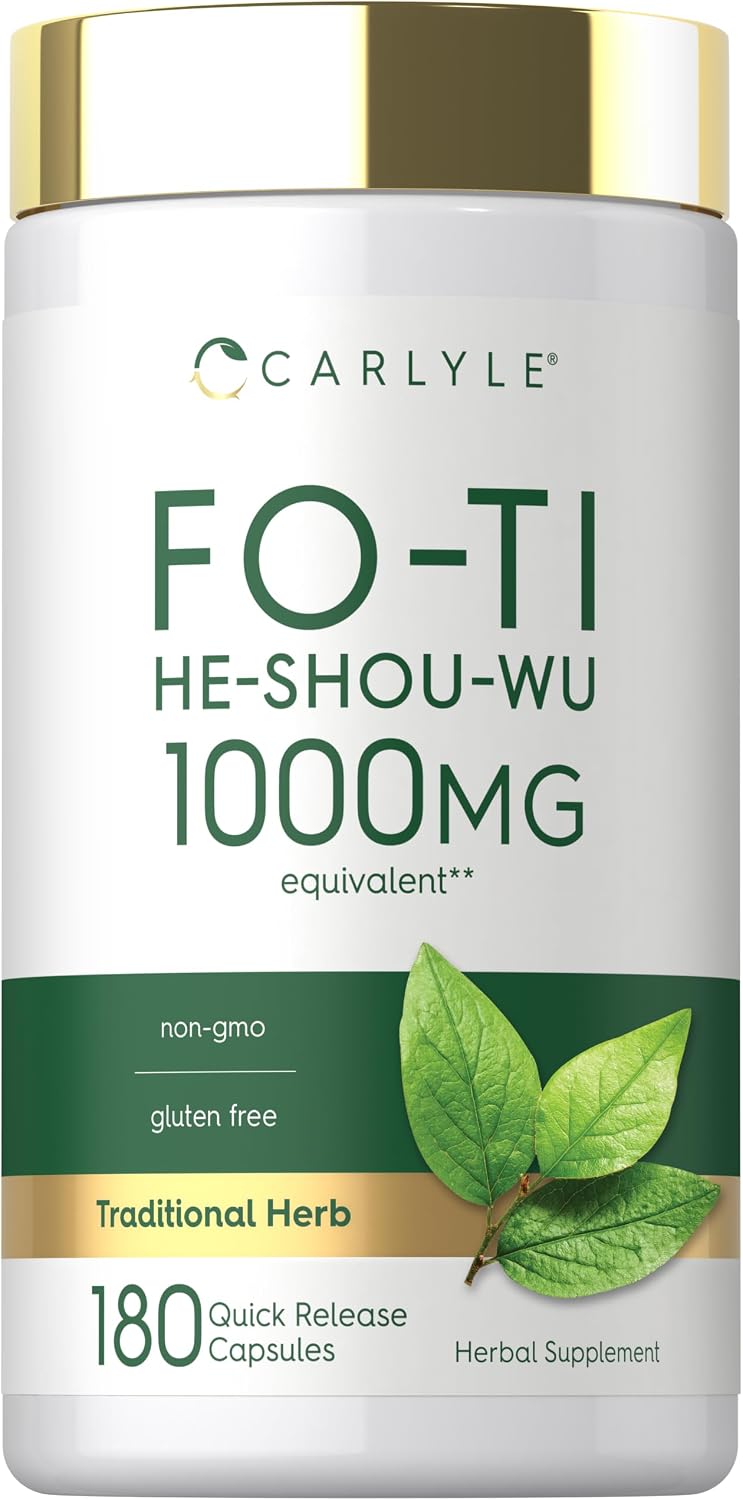 Fo-Ti He-Shou-Wu capsules with 1000 mg equivalent in a 180-count bottle, featuring quick release.