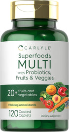 Carlyle Superfoods Multi with Probiotics, Fruits & Veggies, in a bottle of 120 coated caplets.
