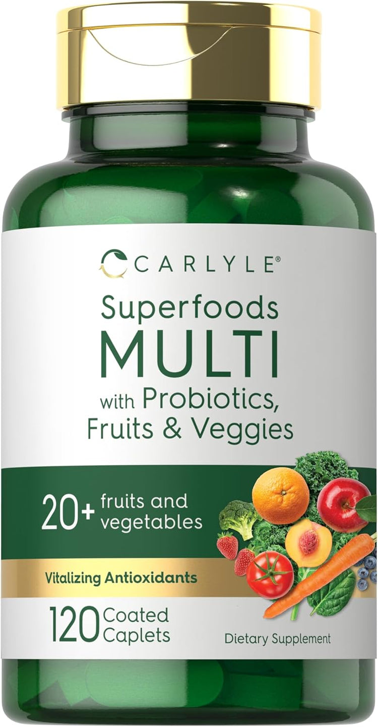 Carlyle Superfoods Multi with Probiotics, Fruits & Veggies, in a bottle of 120 coated caplets.