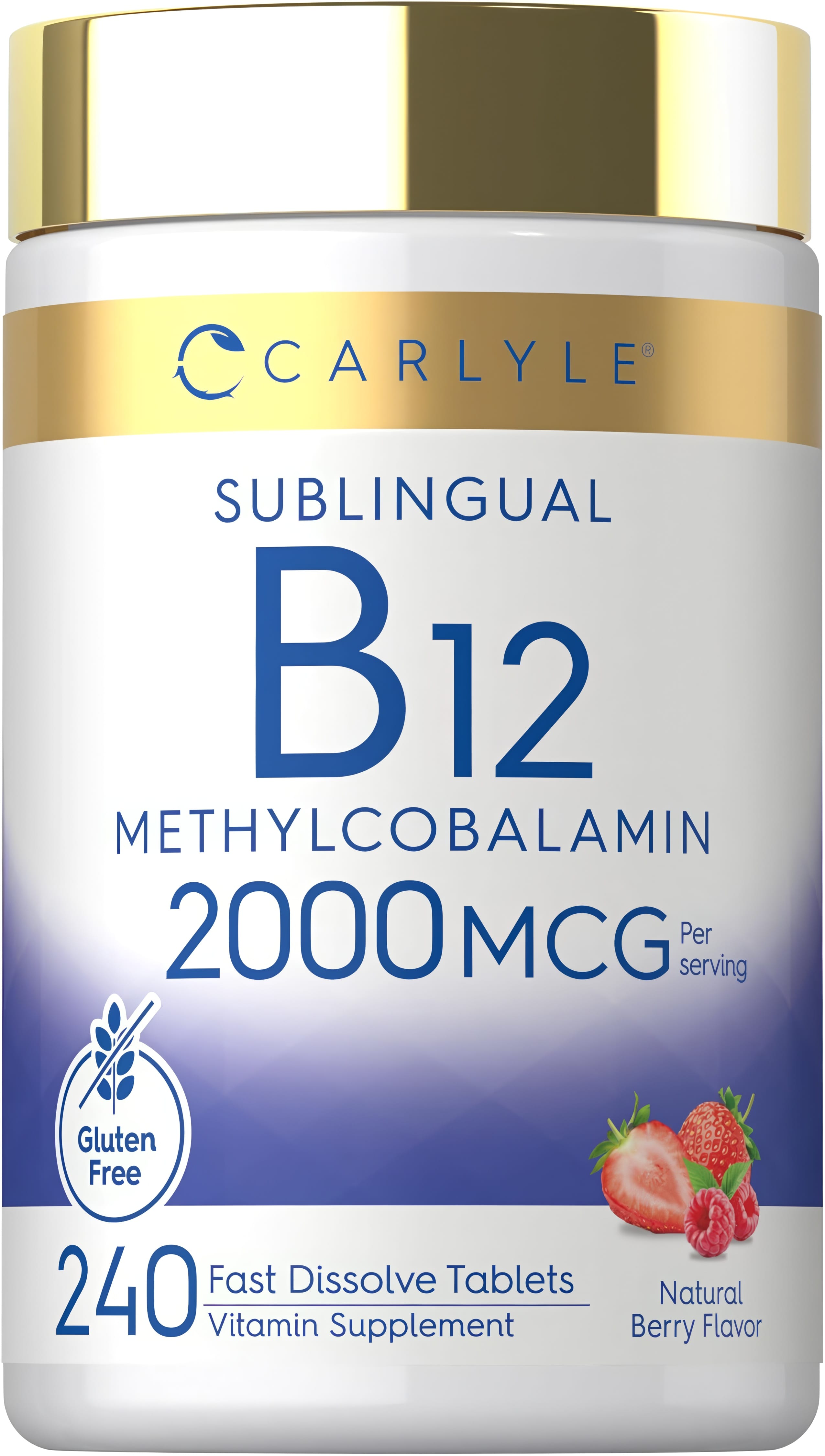 Carlyle Sublingual B12 Methylcobalamin 2000 MCG, 240 tablets, fast dissolve, natural berry flavor, gluten free.