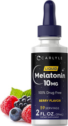 CARLYLE Liquid Melatonin 10 MG, 100% Drug Free, Berry Flavor, 59 Servings, 2 FL. OZ. (59mL) Dietary Supplement bottle with berries.