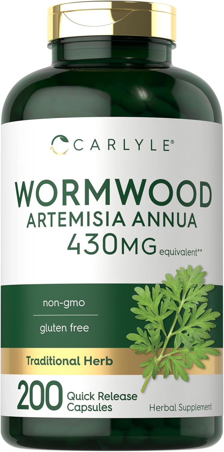 Carlyle Wormwood Artemisia Annua supplement with 430mg equivalent, 200 quick-release capsules.