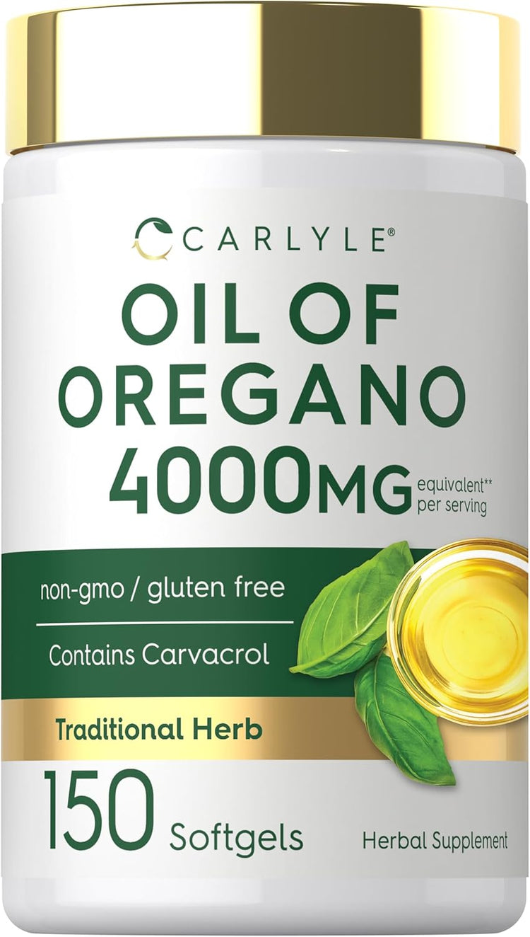 Carlyle Oil of Oregano 4000MG per serving, 150 Softgels. Non-GMO, gluten-free, contains Carvacrol.