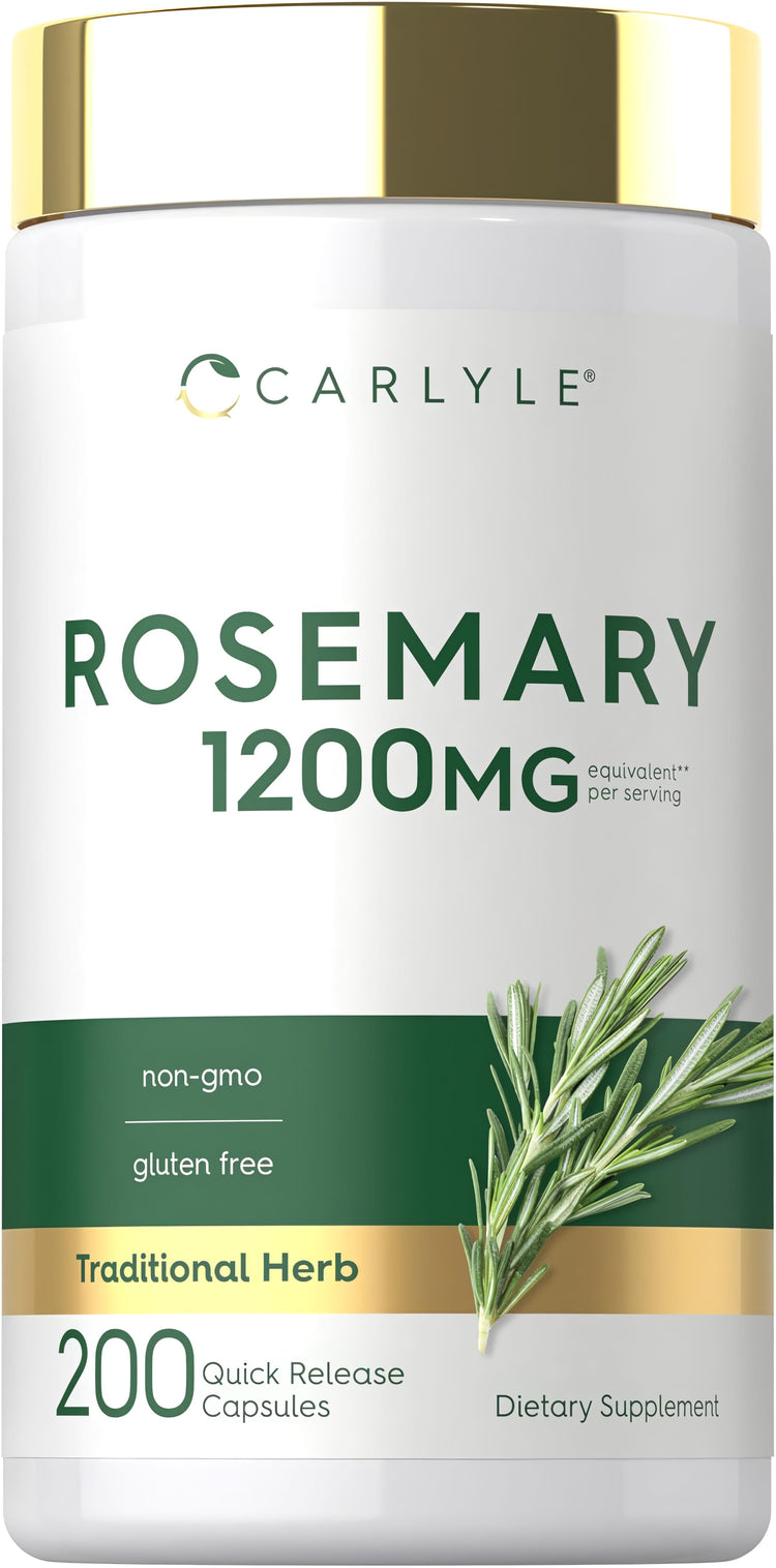 Carlyle Rosemary capsules, 1200 mg per serving, 200 quick release, non-GMO, gluten-free.