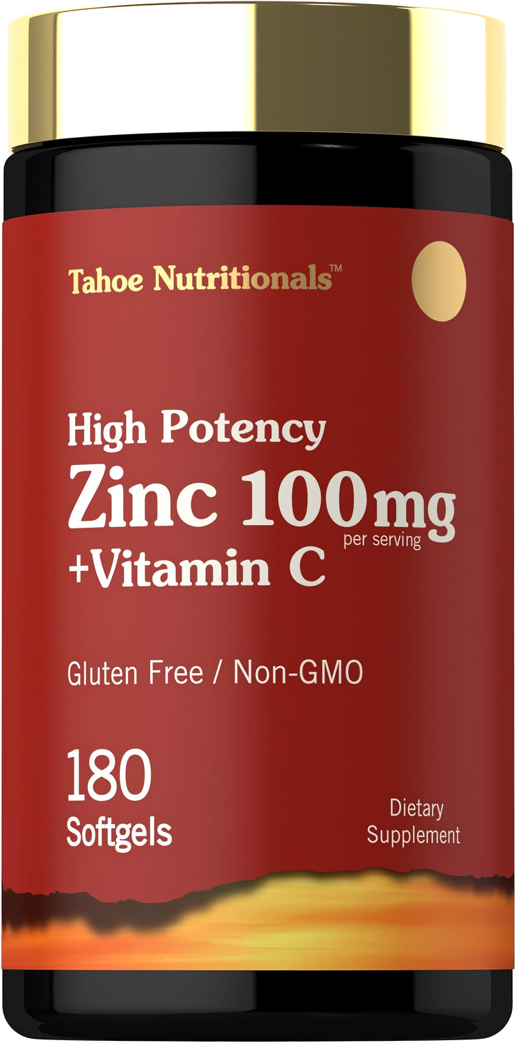 High Potency Zinc 100mg plus Vitamin C, 180 softgels. Gluten-free, non-GMO dietary supplement.