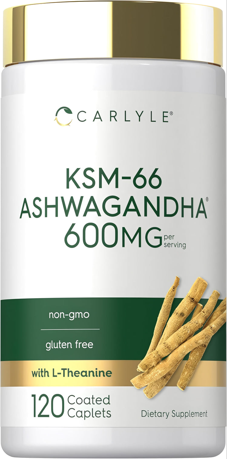 Carlyle KSM-66 Ashwagandha 600mg per serving, non-gmo, gluten free, with L-Theanine, 120 coated caplets.