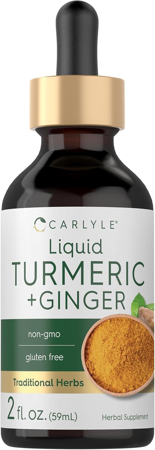 Carlyle Liquid Turmeric + Ginger, 2 fl. oz. (59mL), non-GMO, and gluten-free herbal supplement.